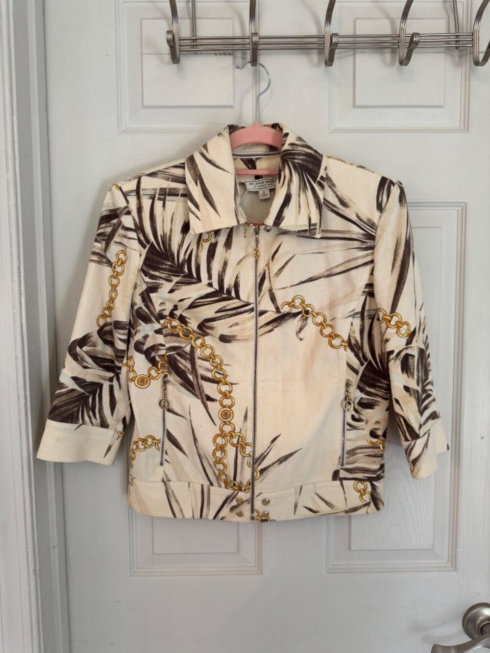 St. John Sport By Marie Gray Palm & Chain Print Jacket Zip-Up Pockets Made In US - Picture 1 of 16